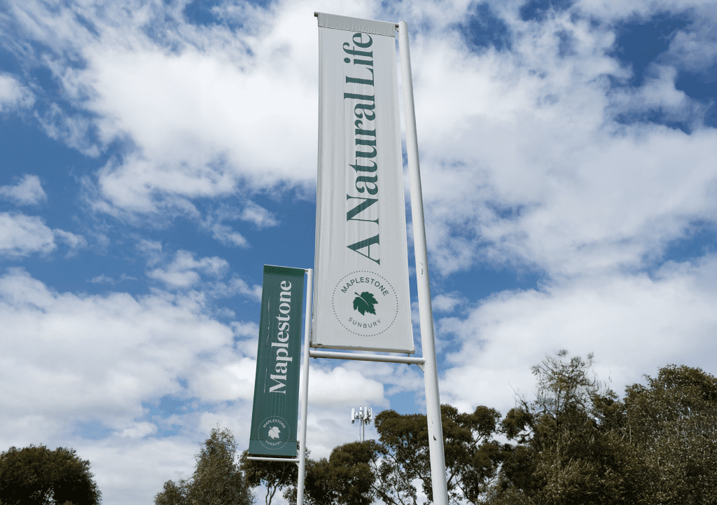 Maplestone Developments Sales Office branded flags to deliver creative marketing strategies.